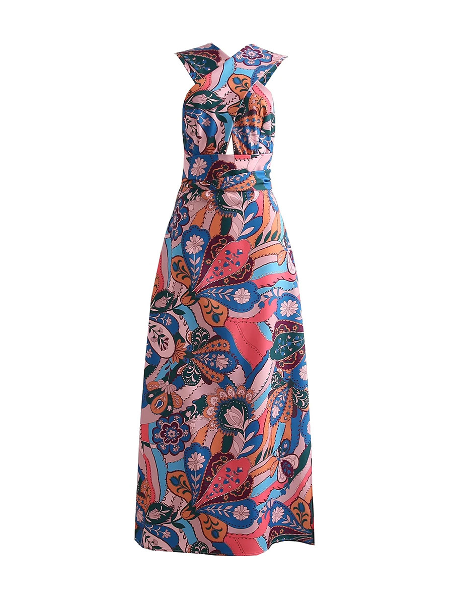 Fashion Color Printed Cross Halterneck Dress,Long Dress