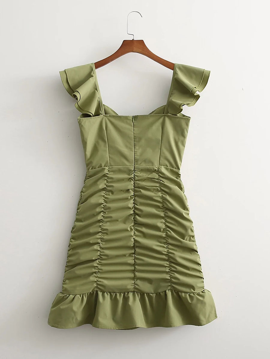 Fashion Green Fly-sleeve Lapel Tie Pleated Dress,Mini & Short Dresses