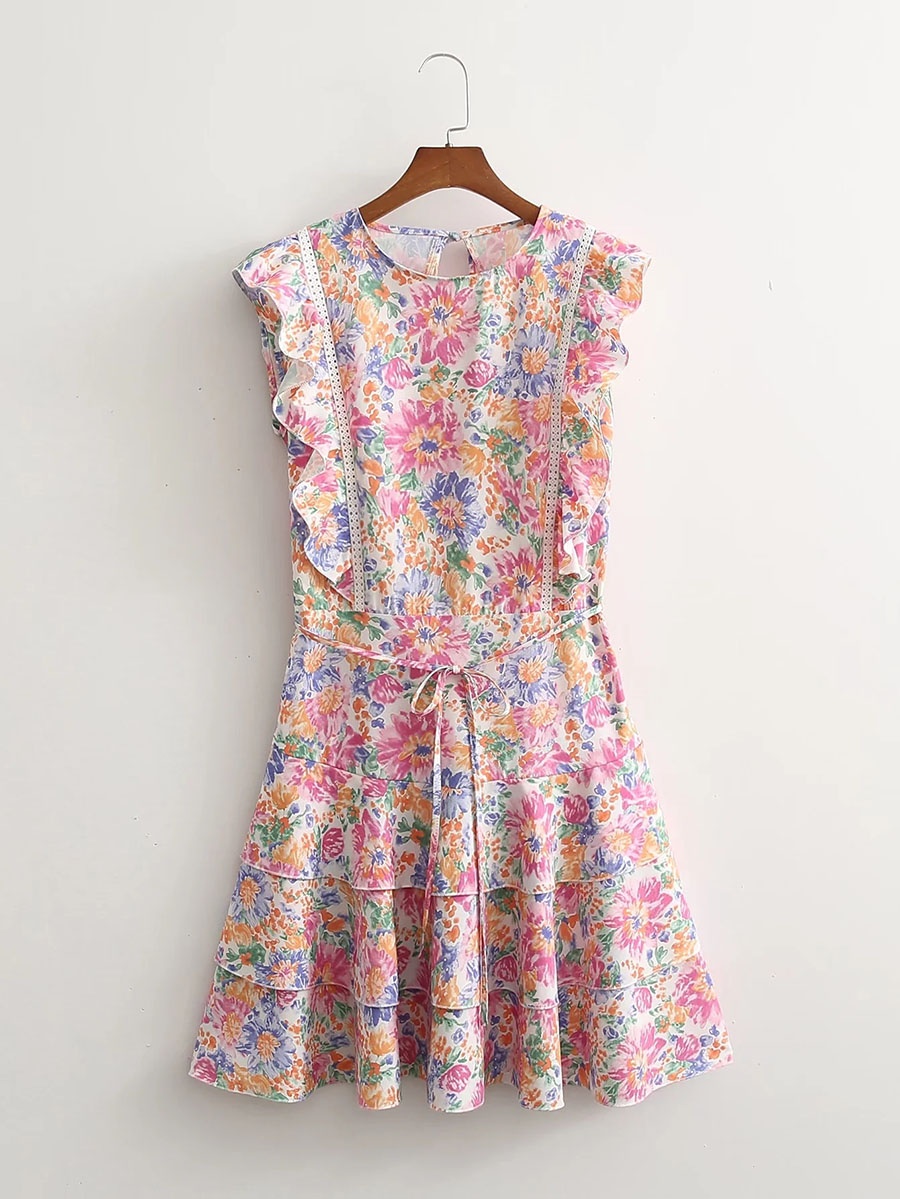 Fashion Color Printed Fly-sleeve Lace-up Dress,Long Dress