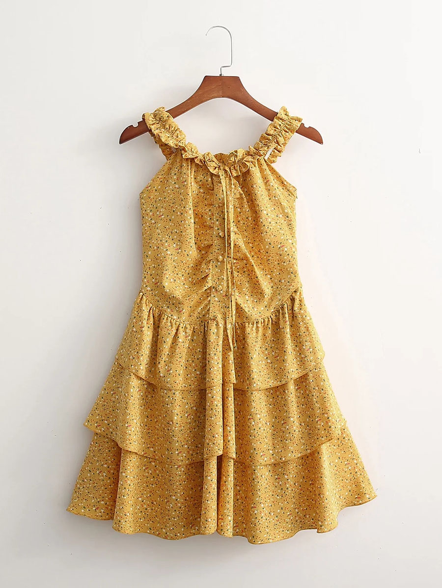 Fashion Yellow Printed Tiered Slip Dress,Mini & Short Dresses