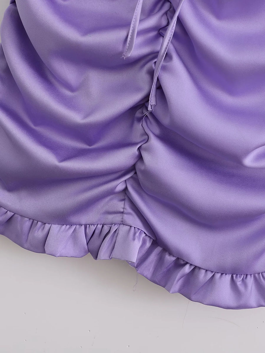 Fashion Purple Drawstring Line Neck Pleated Dress,Mini & Short Dresses