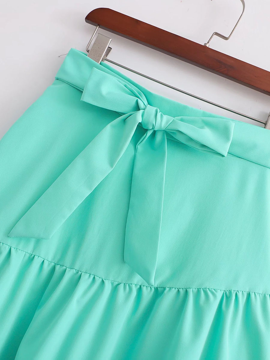 Fashion Green Pleated Sling Tie Swing Skirt Set,Suits
