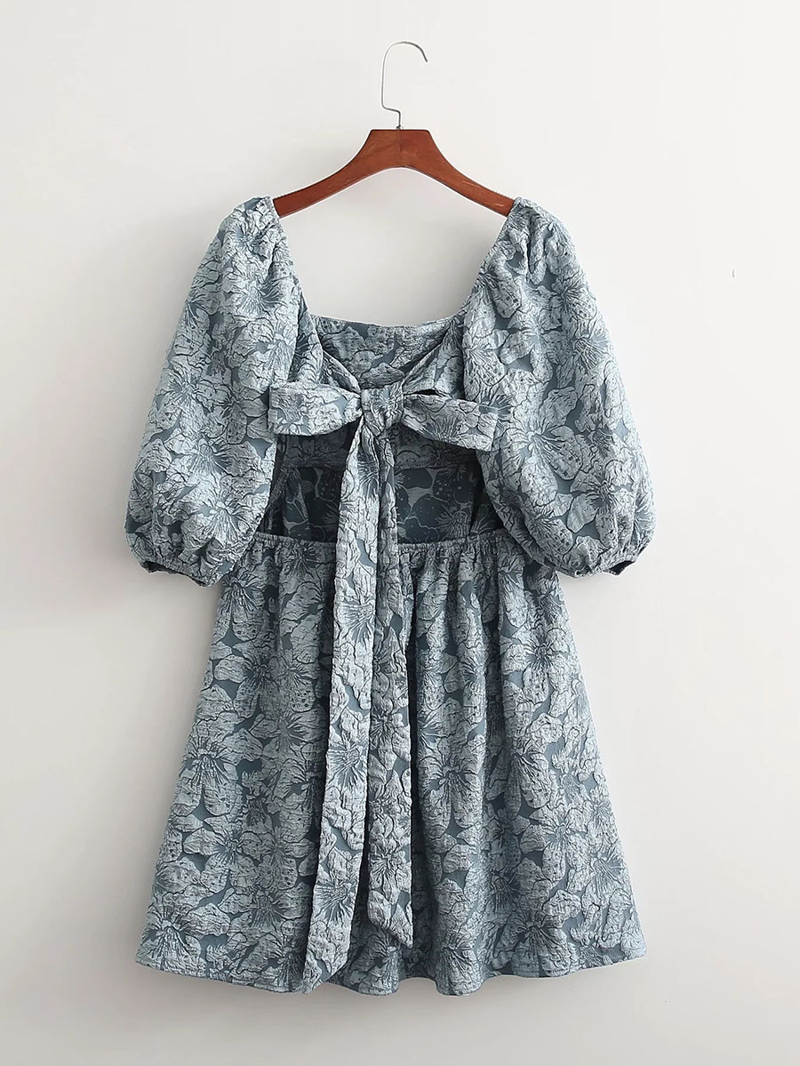 Fashion Blue Printed Puff Sleeve Lapel Dress,Mini & Short Dresses