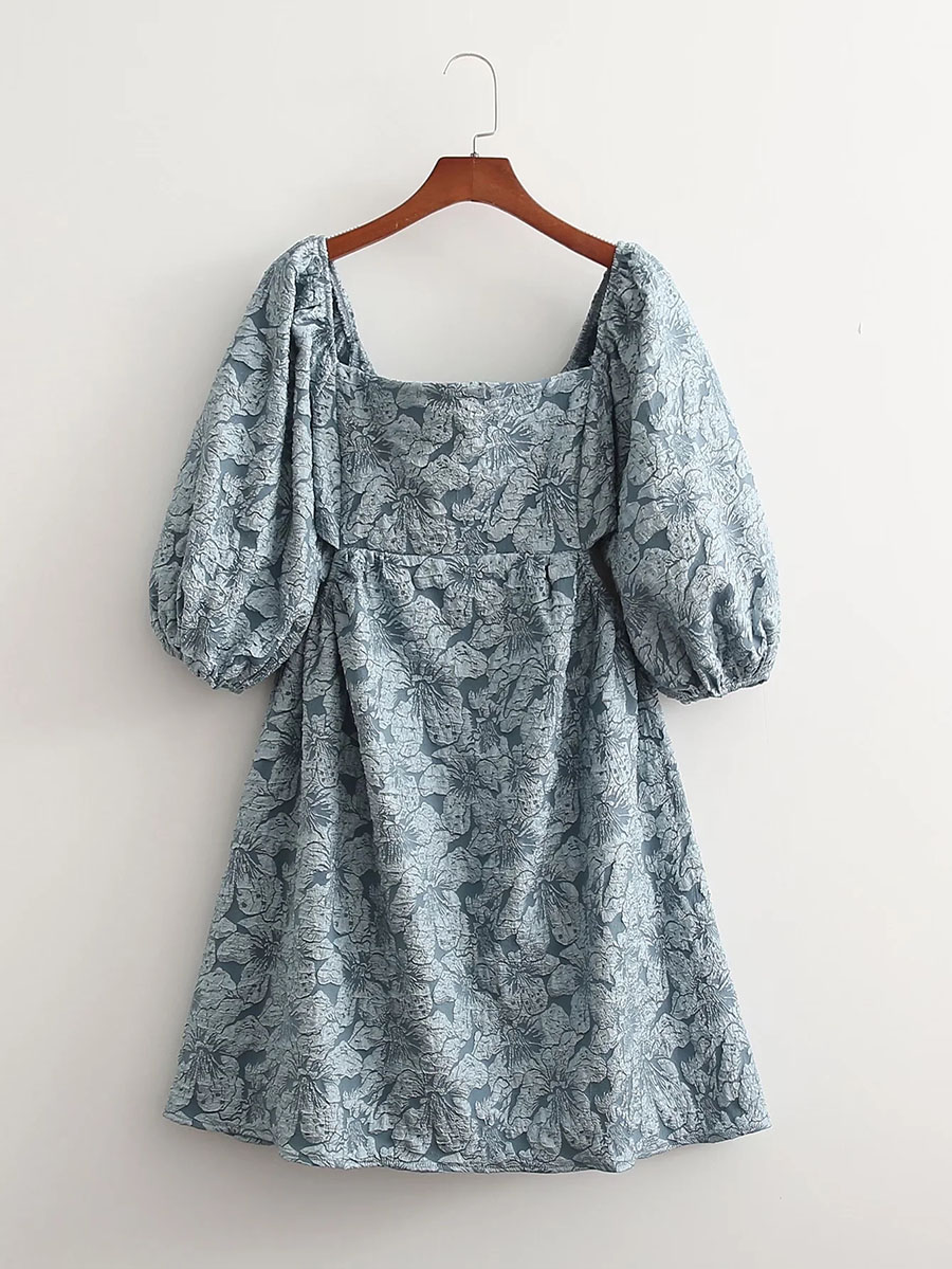 Fashion Blue Printed Puff Sleeve Lapel Dress,Mini & Short Dresses