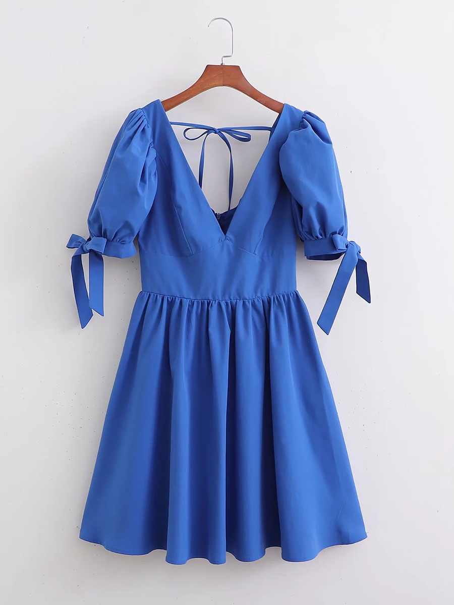 Fashion Blue Balloon Sleeve V-neck Dress,Mini & Short Dresses
