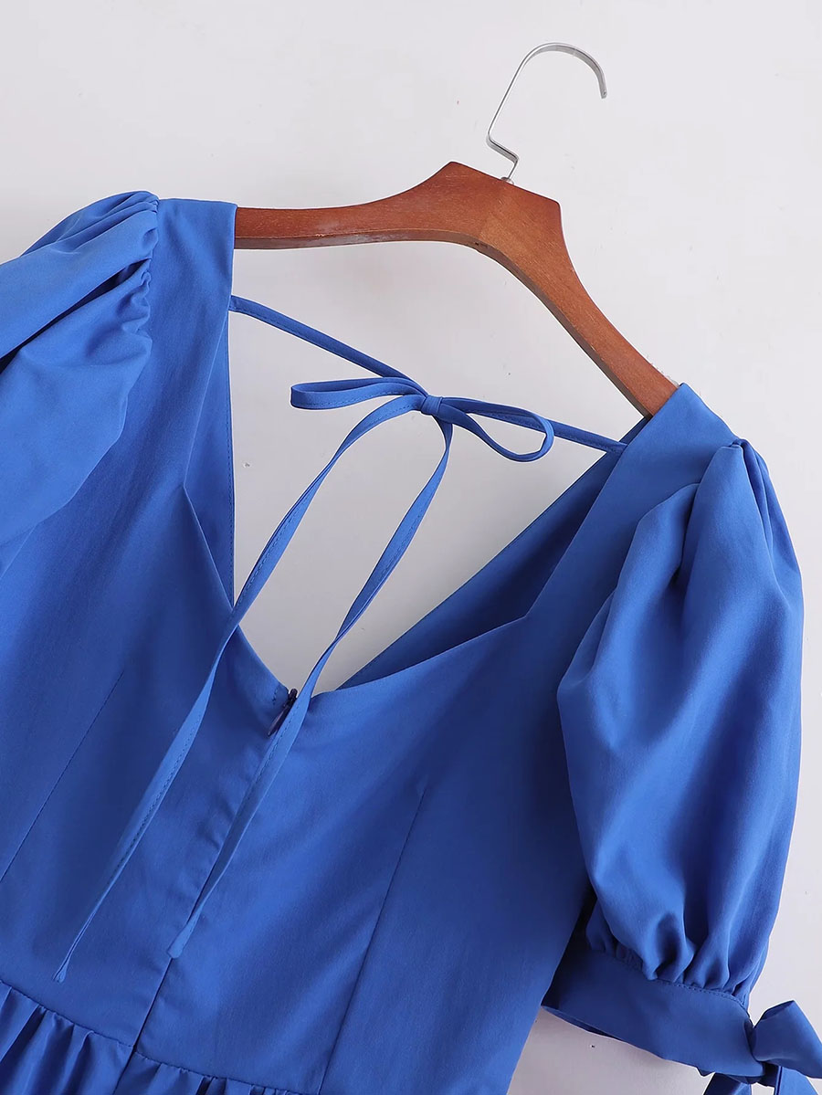 Fashion Blue Balloon Sleeve V-neck Dress,Mini & Short Dresses