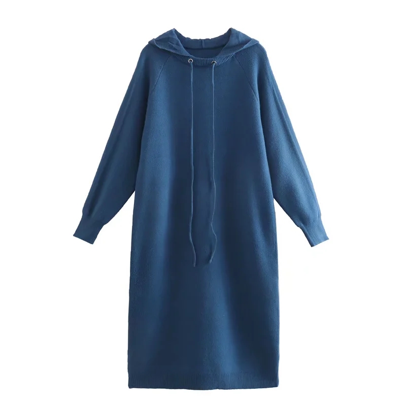 Fashion Blue Solid Hooded Corespun Pullover Sweater Dress,Long Dress