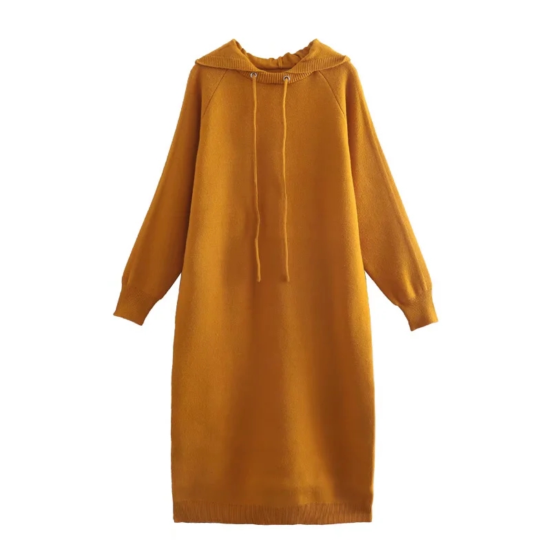Fashion Yellow Solid Hooded Corespun Pullover Sweater Dress,Long Dress