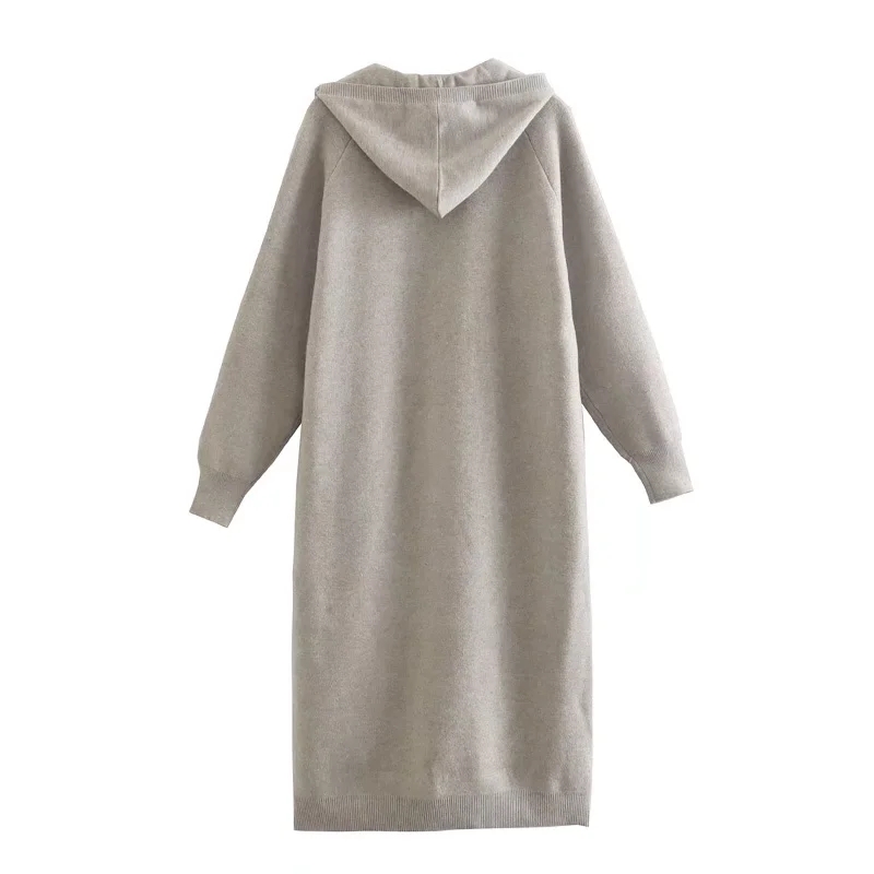 Fashion Oatmeal Solid Hooded Corespun Pullover Sweater Dress,Long Dress