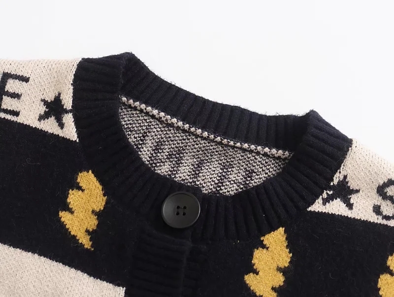 Fashion Black Cartoon Jacquard Crew Neck Corespun Sweater Cardigan,Sweater