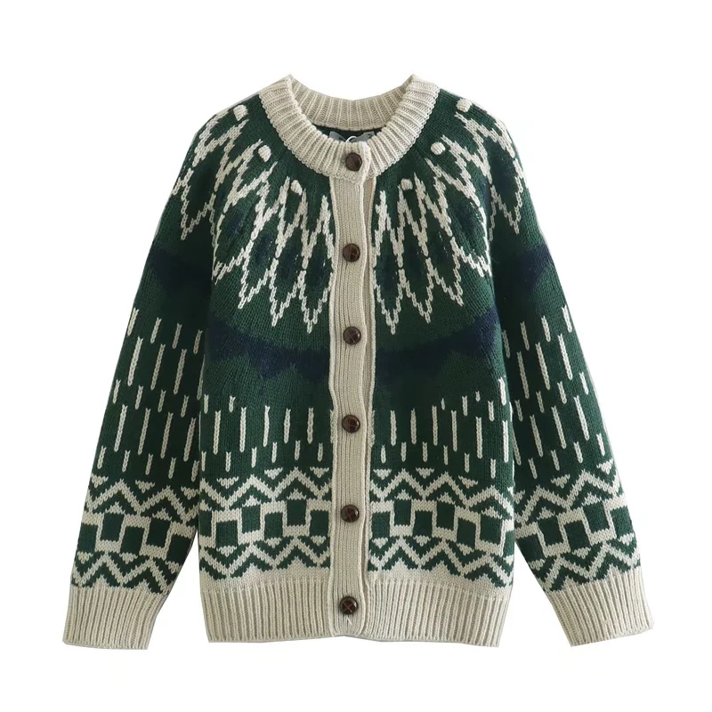 Fashion Green Geometric-print Crew-neck Button-down Cardigan,Sweater