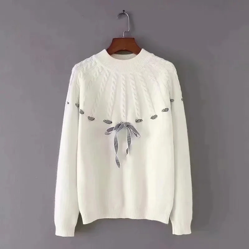 Fashion White Webbing Twist Core Yarn Pullover Sweater,Sweater