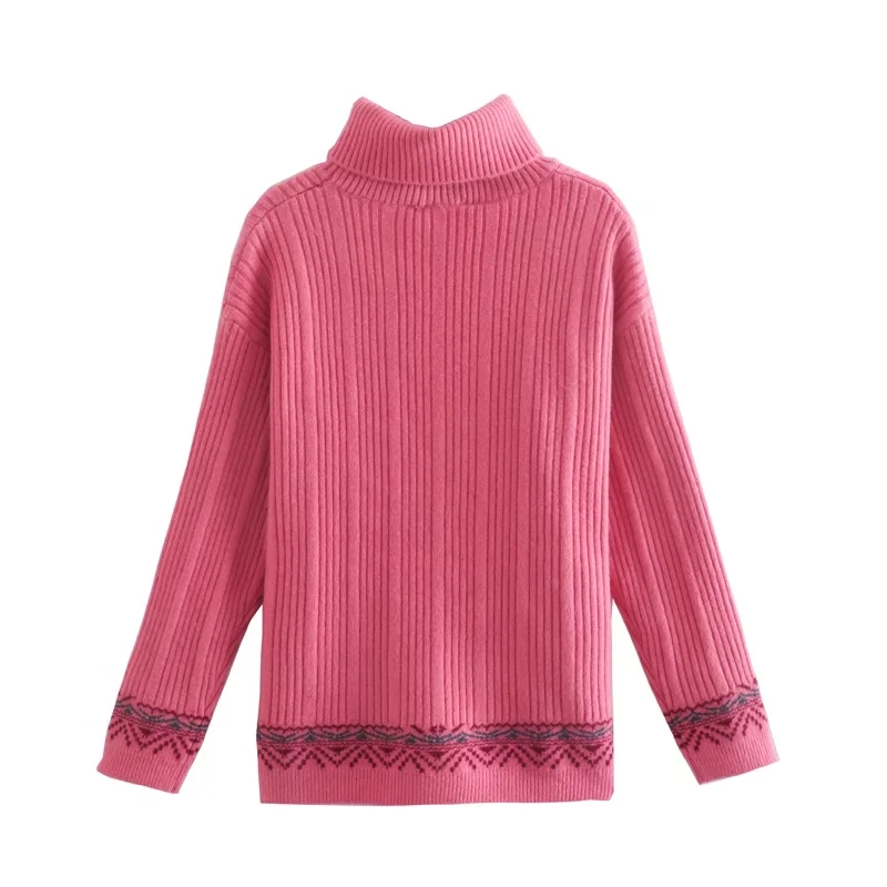 Fashion Rose Red Pit Bar Jacquard Turtleneck Pullover Sweater,Sweater