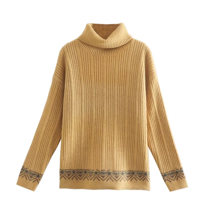 Fashion Yellow Pit Bar Jacquard Turtleneck Pullover Sweater,Sweater