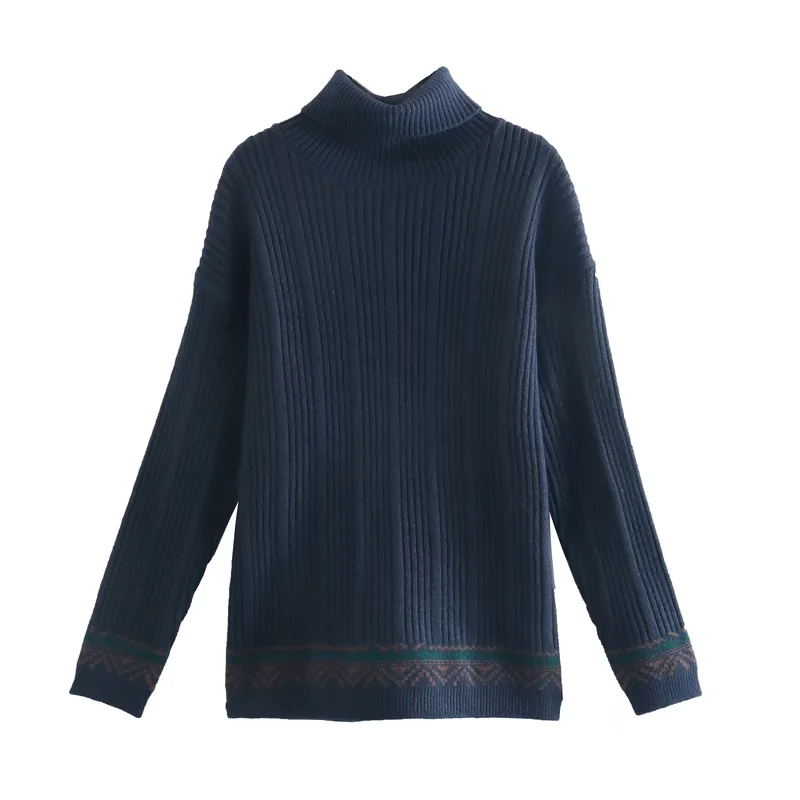 Fashion Navy Blue Pit Bar Jacquard Turtleneck Pullover Sweater,Sweater