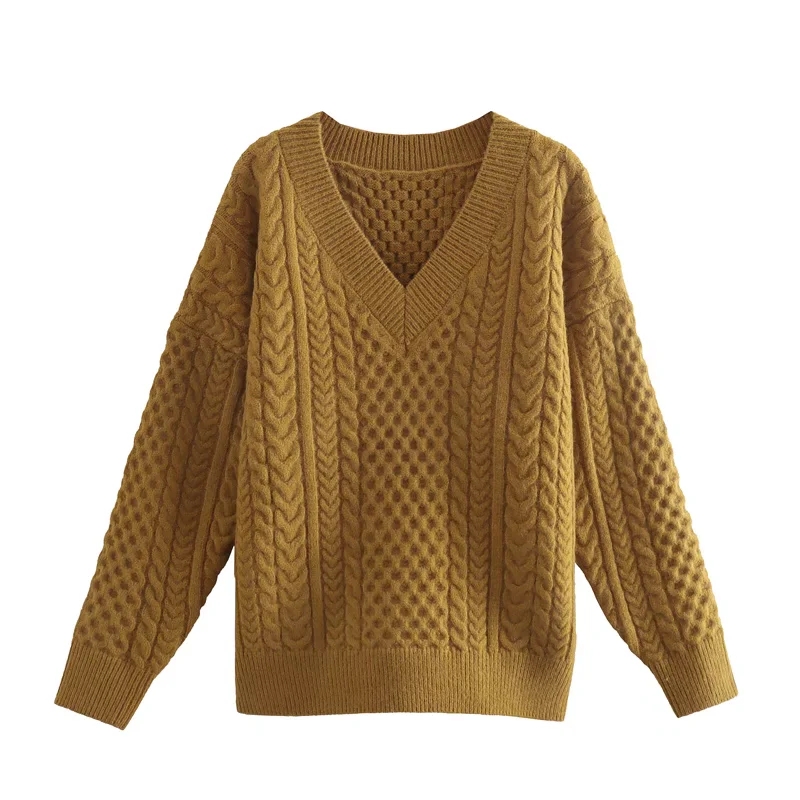 Fashion Beige Solid Color V-neck Twist Pullover Sweater,Sweater