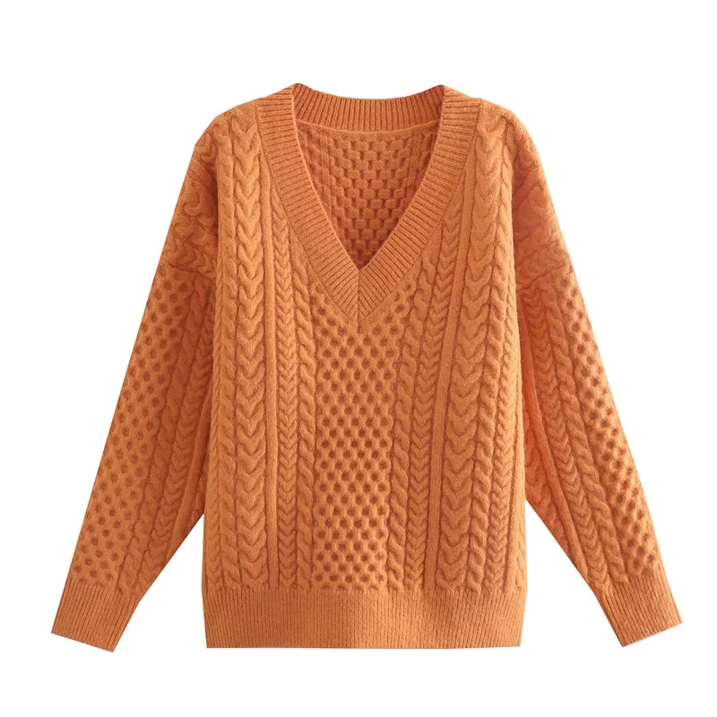 Fashion Orange Solid Color V-neck Twist Pullover Sweater,Sweater