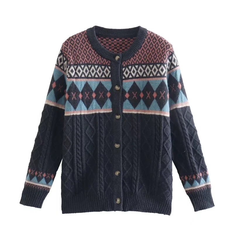 Fashion Navy Blue Printed Crew Neck Knitted Sweater Cardigan,Sweater