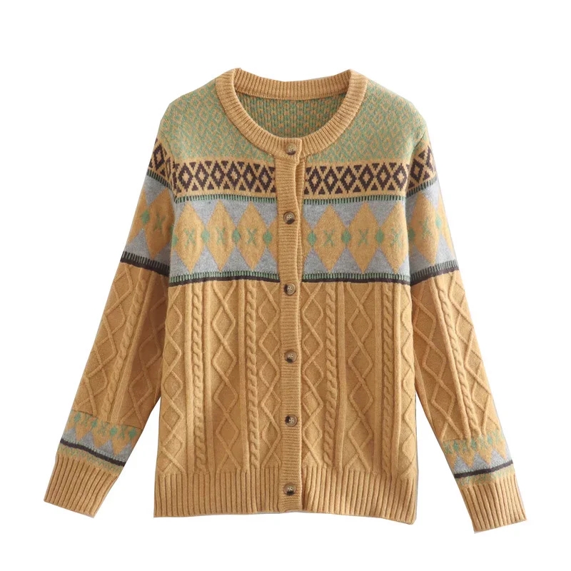 Fashion Yellow Printed Crew Neck Knitted Sweater Cardigan,Sweater