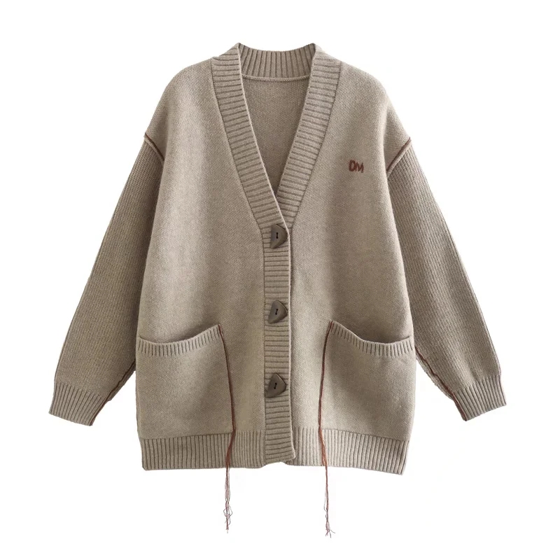 Fashion Brown V-neck Buttoned Double-pocket Knitted Cardigan,Sweater