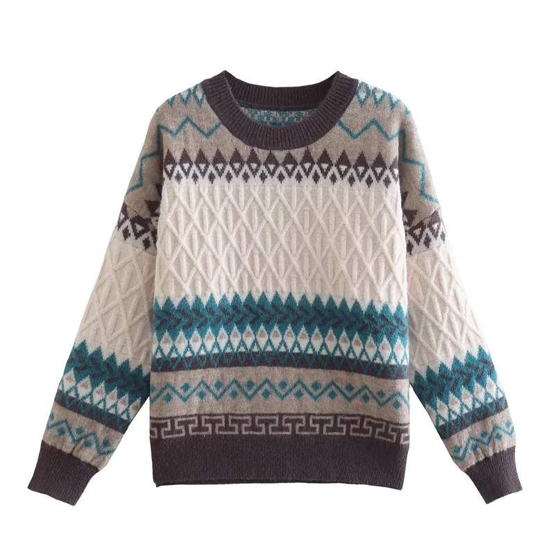 Fashion Blue Geometric Print Crewneck Knitted Sweater,Sweater