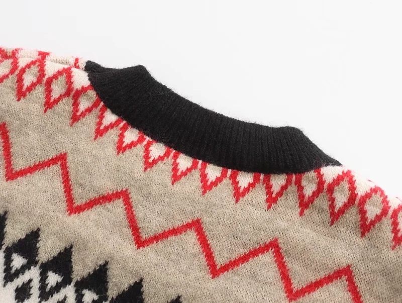 Fashion Red Geometric Print Crewneck Knitted Sweater,Sweater