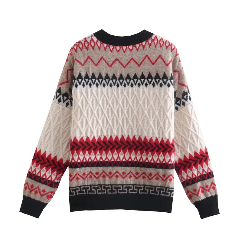 Fashion Blue Geometric Print Crewneck Knitted Sweater,Sweater