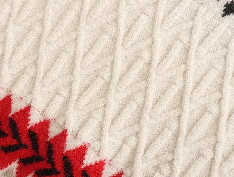 Fashion Red Geometric Print Crewneck Knitted Sweater,Sweater