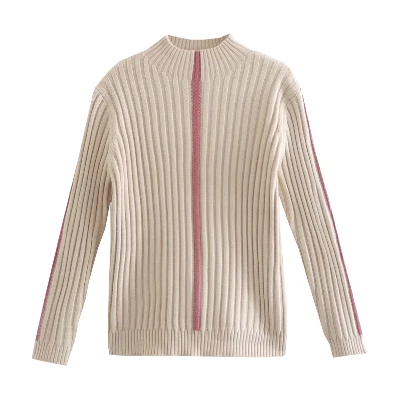 Fashion Off White Vertical Striped Turtleneck Knitted Sweater,Sweater