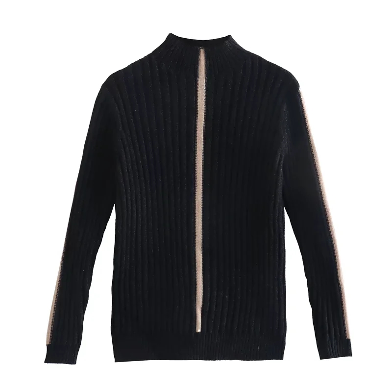 Fashion Oatmeal Vertical Striped Turtleneck Knitted Sweater,Sweater
