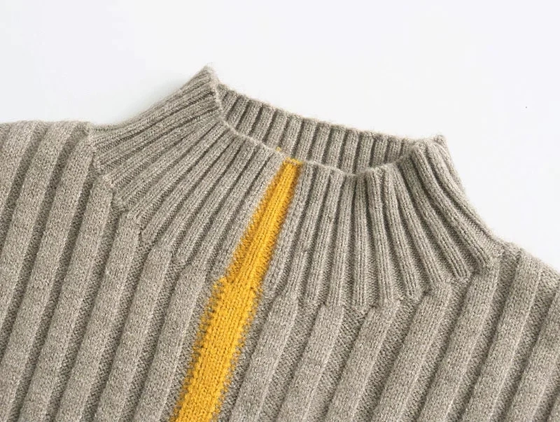 Fashion Oatmeal Vertical Striped Turtleneck Knitted Sweater,Sweater