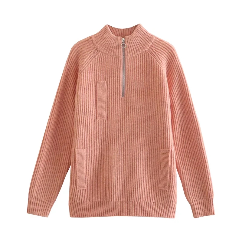 Fashion Pink Knit Zipper Stand-up Collar Sweater,Sweater