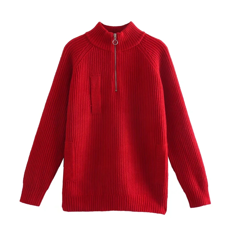 Fashion Red Knit Zipper Stand-up Collar Sweater,Sweater