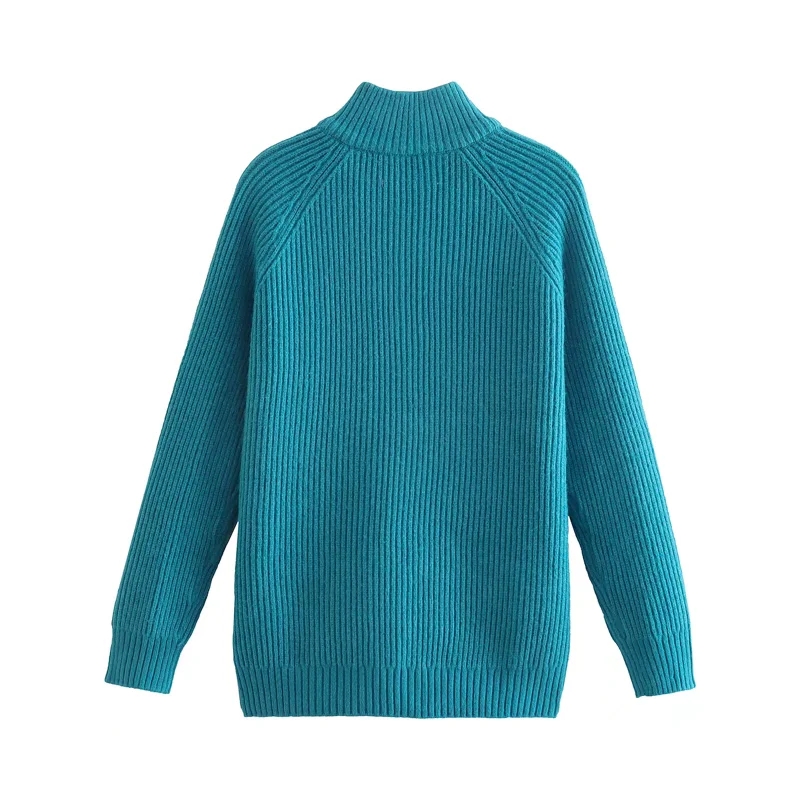 Fashion Sky Blue Knit Zipper Stand-up Collar Sweater,Sweater