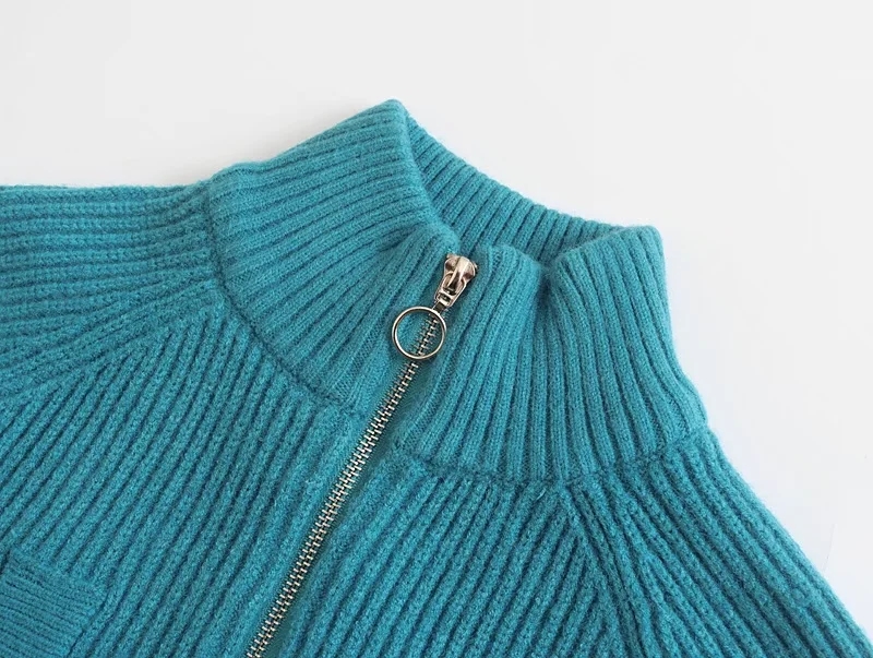 Fashion Sky Blue Knit Zipper Stand-up Collar Sweater,Sweater