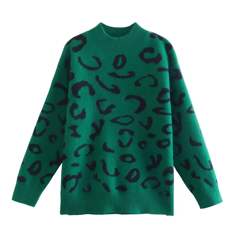 Fashion Green Leopard-print Knitted Sweater,Sweater