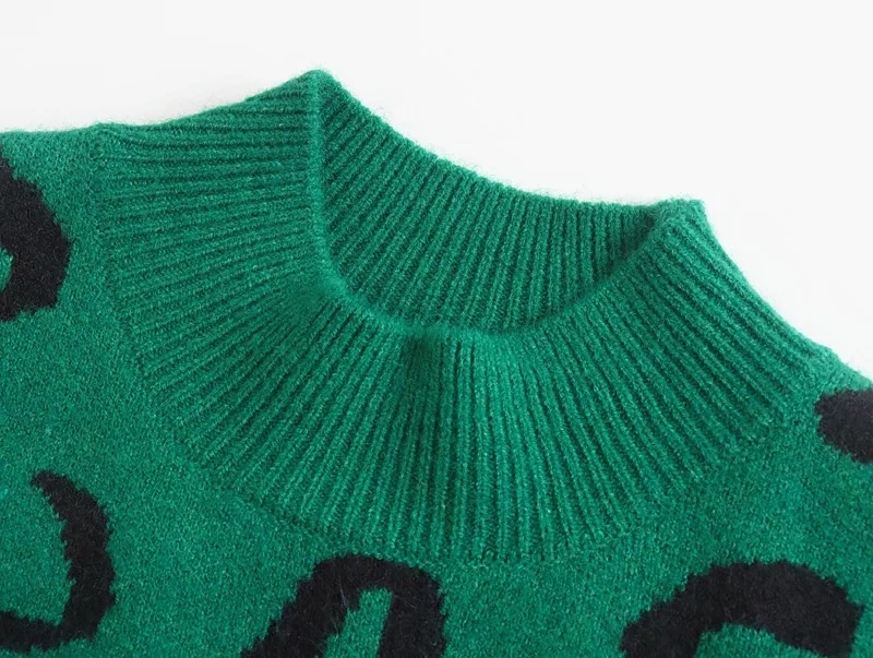 Fashion Green Leopard-print Knitted Sweater,Sweater