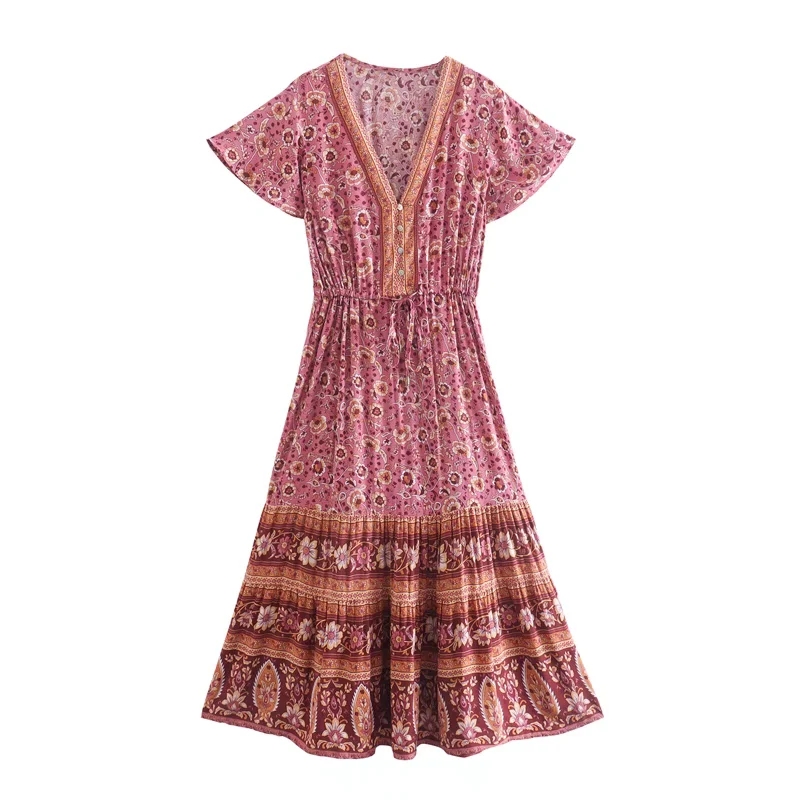Fashion Pink Printed V-neck Short-sleeved Maxi Dress,Long Dress