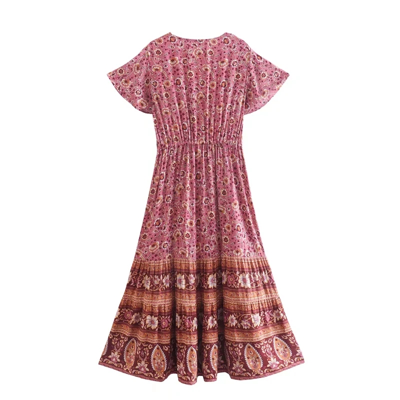 Fashion Pink Printed V-neck Short-sleeved Maxi Dress,Long Dress
