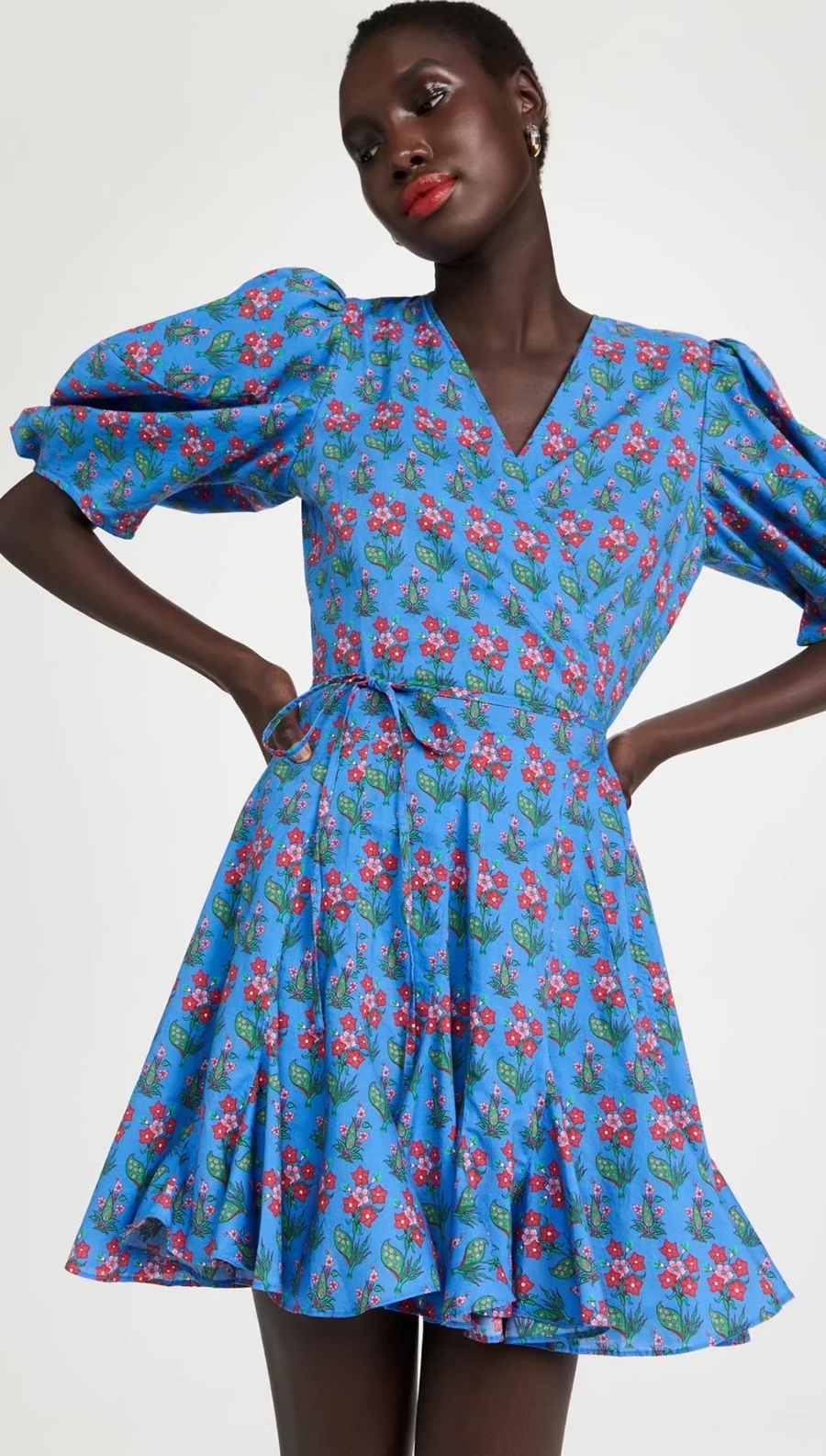 Fashion Blue V-neck Short-sleeved Printed Dress,Mini & Short Dresses