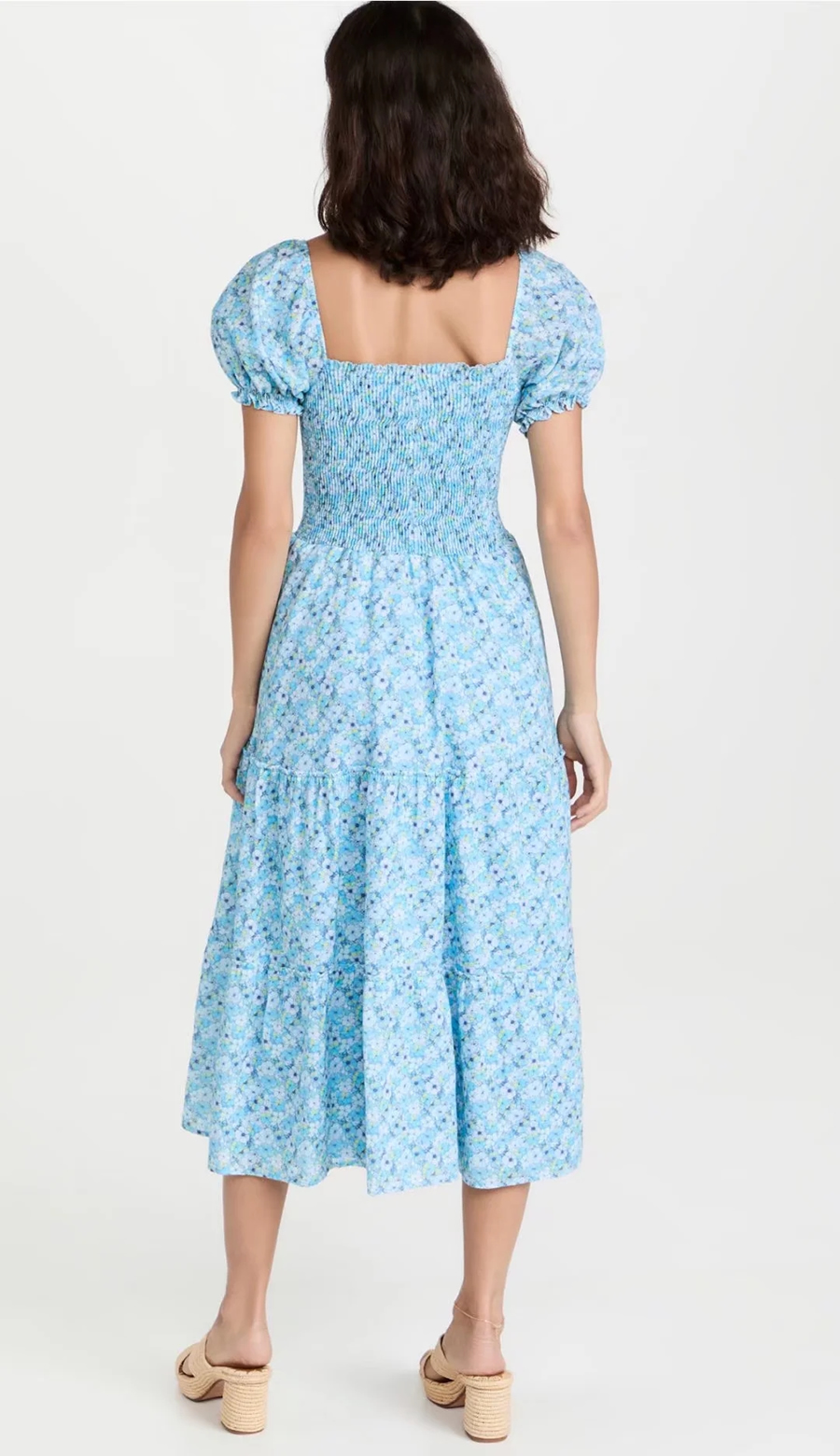 Fashion Blue Printed Square Neck Pleated Pillow Dress,Long Dress