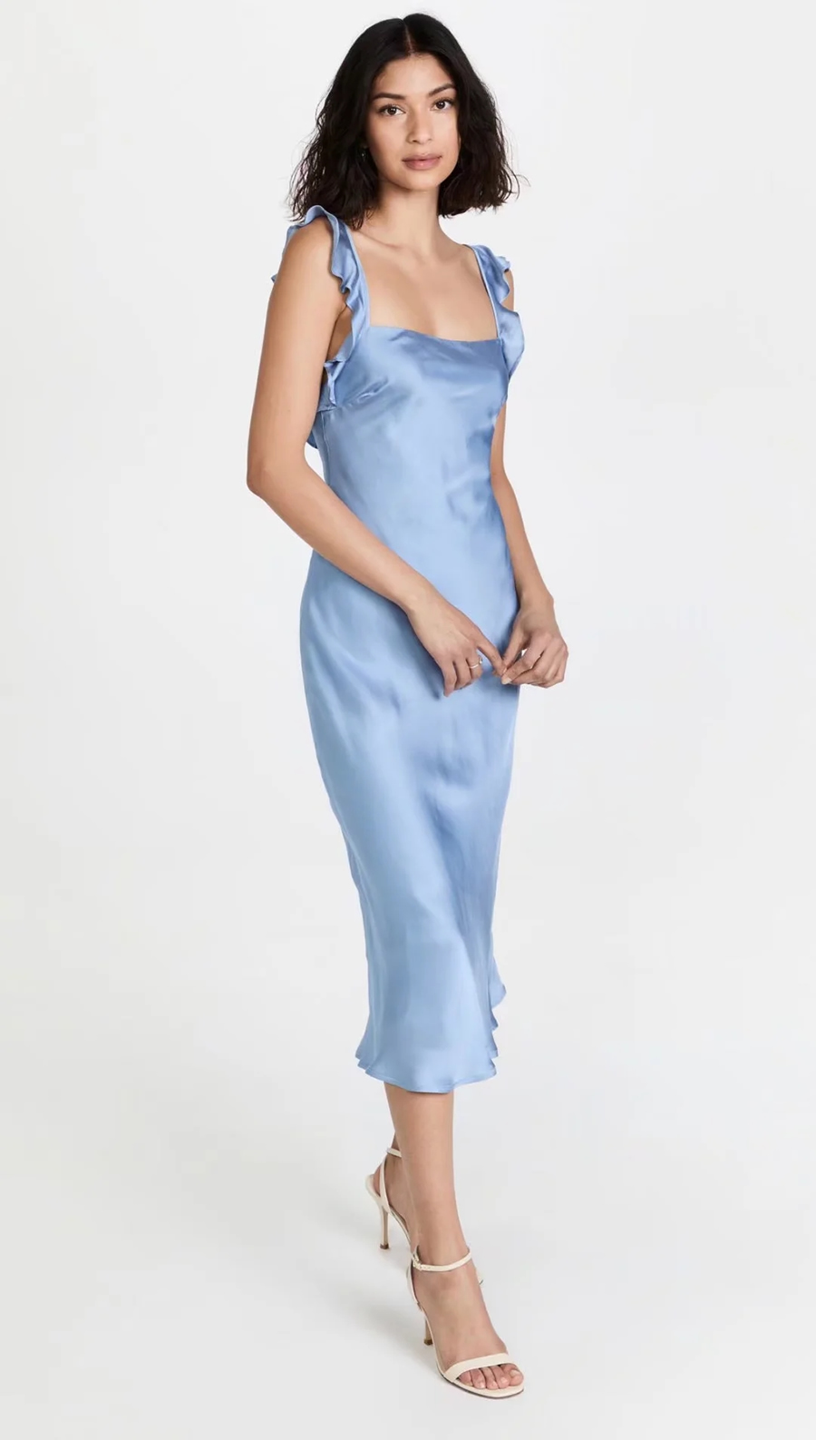 Fashion Blue Solid Color Flying Sleeve Suspender Skirt,Long Dress