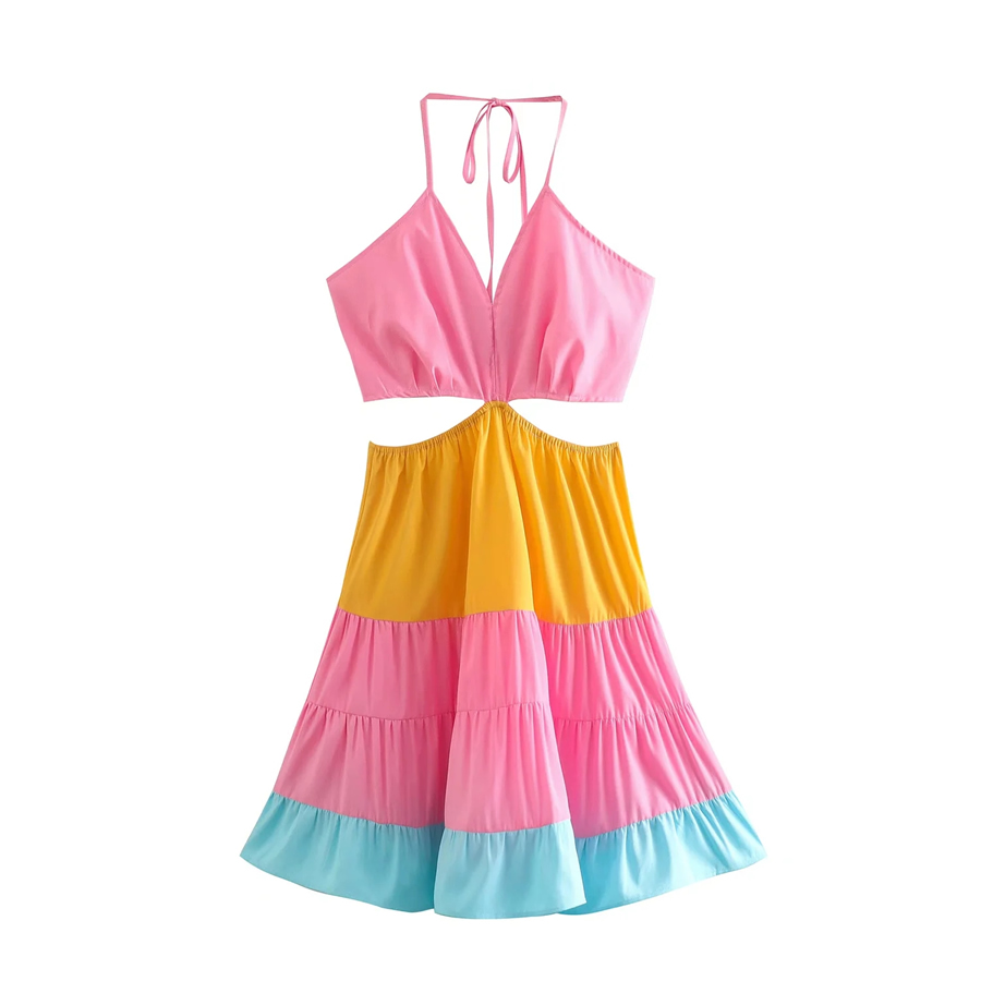 Fashion Color Halter Tie Cutout Colorblock Dress,Mini & Short Dresses