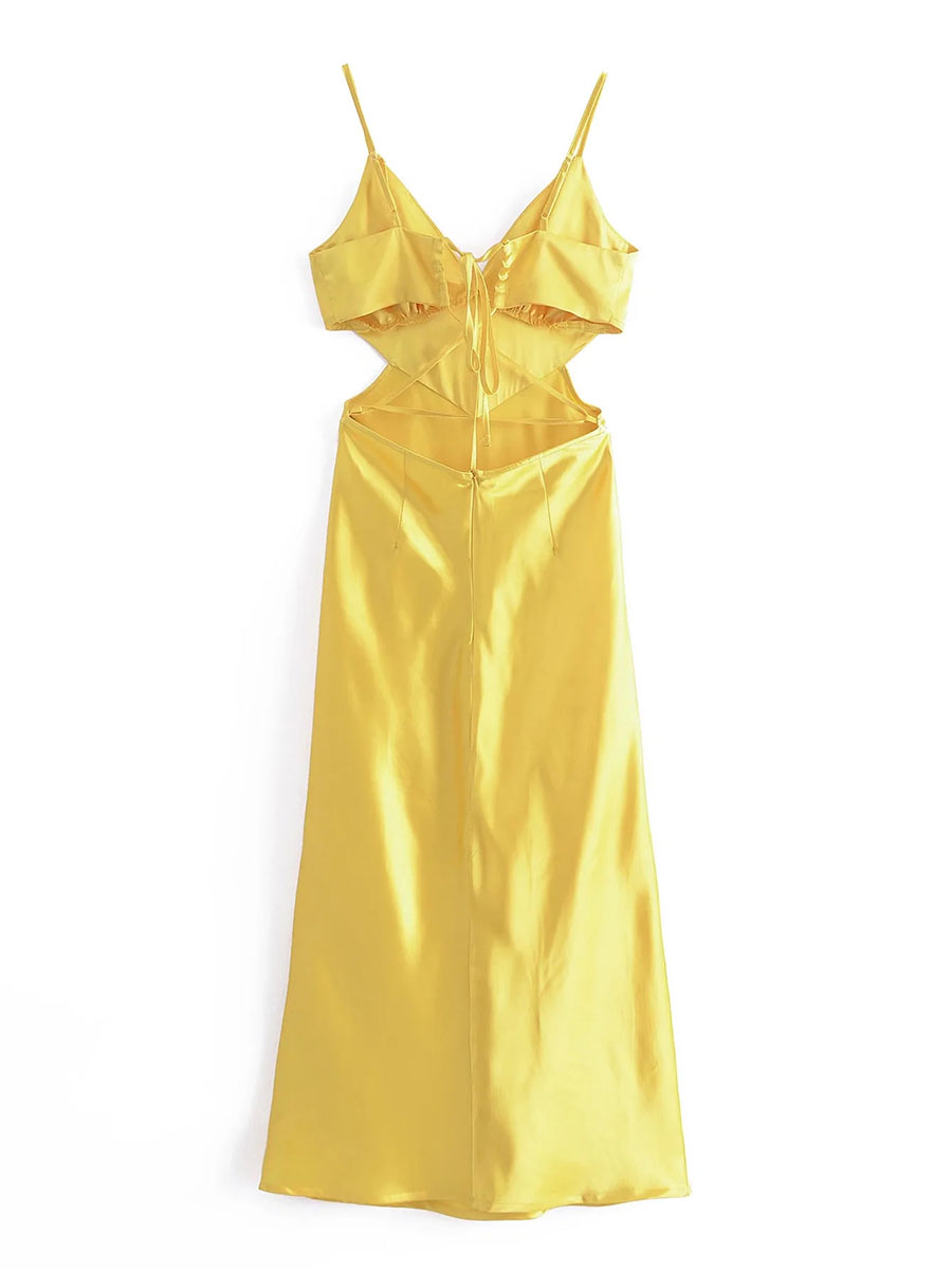 Fashion Yellow Geometric Open-waist Slip Dress,Long Dress