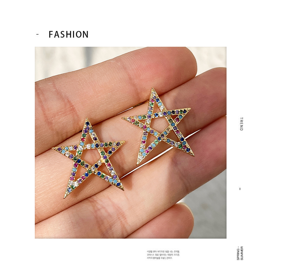 Fashion Color Copper Inlaid Zirconium Pentagram Stud Earrings,Earrings