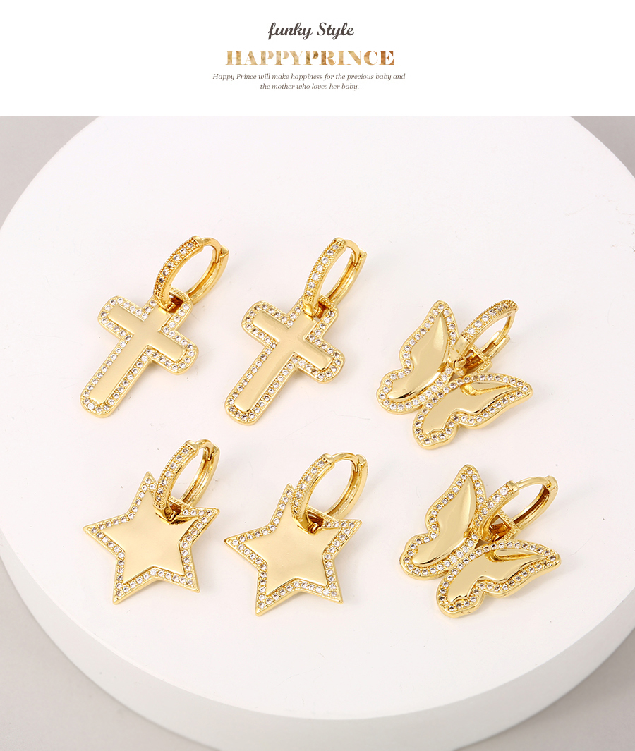 Fashion Gold-3 Brass Inset Zirconium Cross Earrings,Earrings