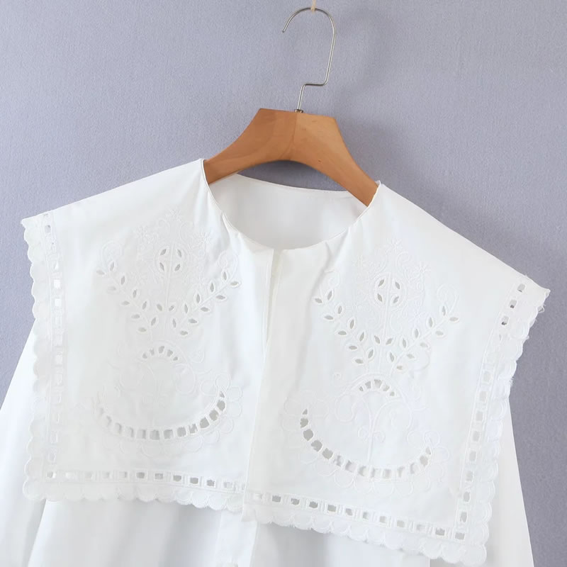 Fashion White Lapel Embroidered Shirt,Tank Tops & Camis