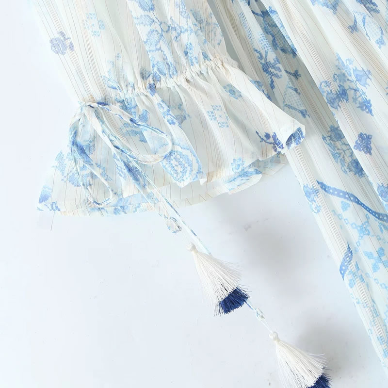 Fashion Blue Chiffon Print V-neck Irregular Dress,Long Dress