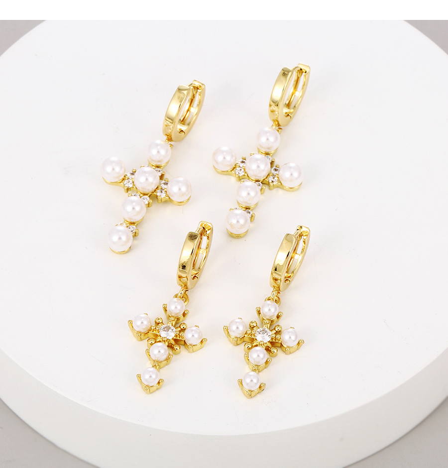 Fashion Gold-2 Brass Zirconium Pearl Cross Earrings,Hoop Earrings