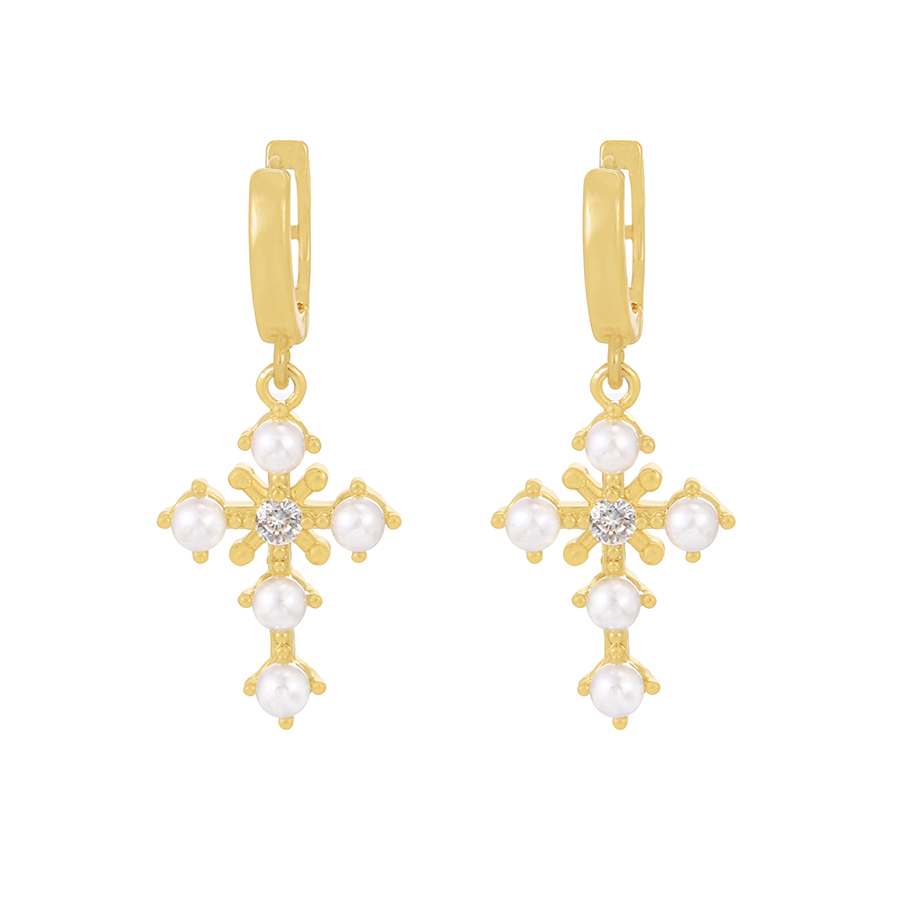 Fashion Gold Brass Zirconium Pearl Cross Earrings,Hoop Earrings